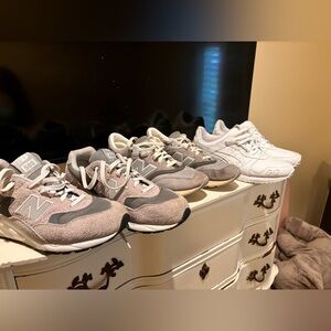 3 pairs of tennis shoes. New balance 997r 10.5, balance 580 10.5, asics gel lyte